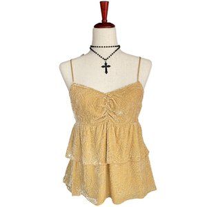 Paisley Velvet Babydoll Boho Fairy Tiered Ruffle Tank Top Gold Yellow Si…